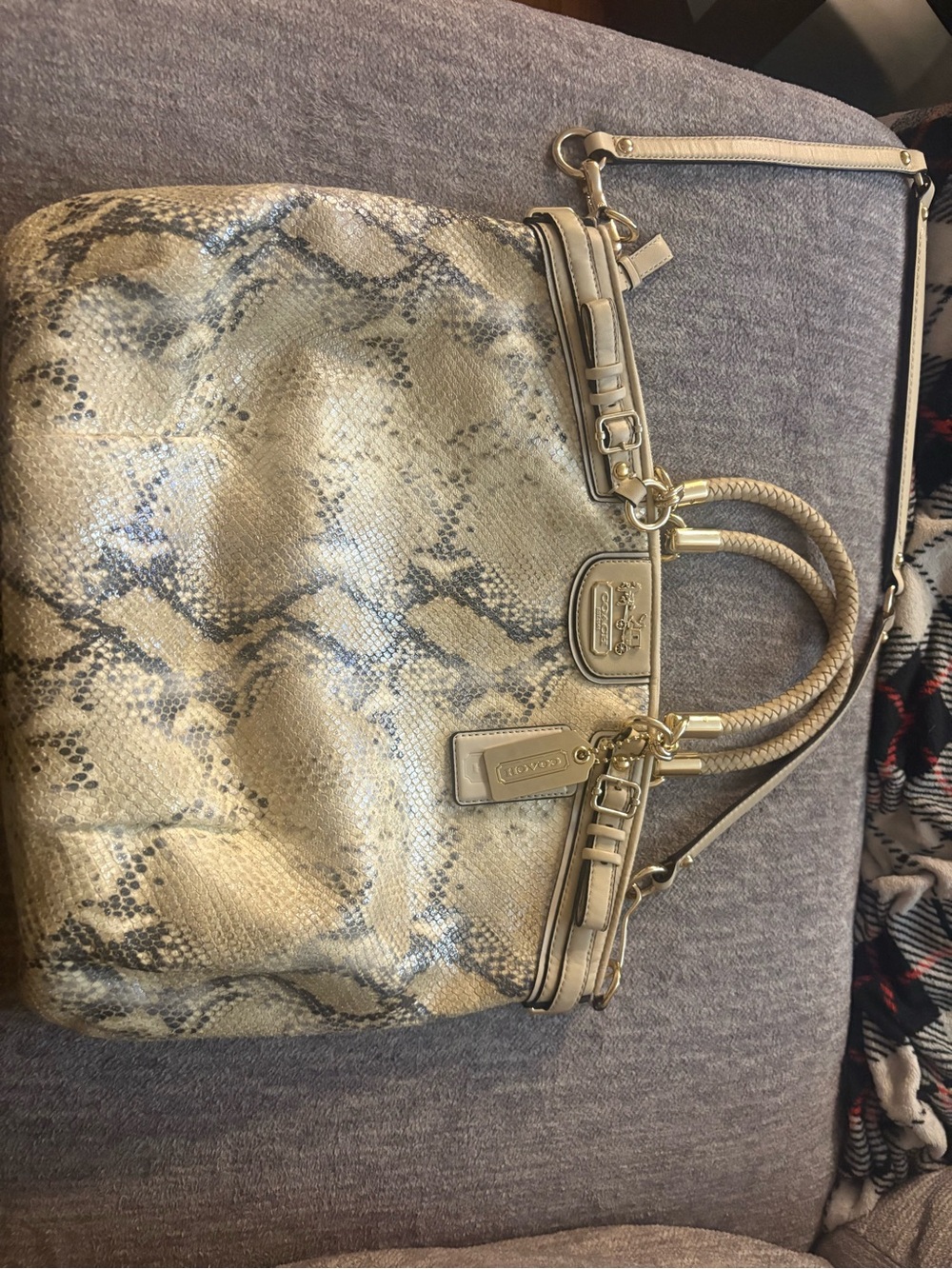 Vintage Coach Gold and Black Snake-Print Leather Shoulder Tote